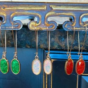 Set of three Sparkle holiday earrings~Green, Red & White